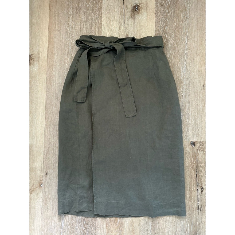 Everlane Women's Size 2 Olive Green‎ 100% Linen Wrap Midi Skirt Tie Waist